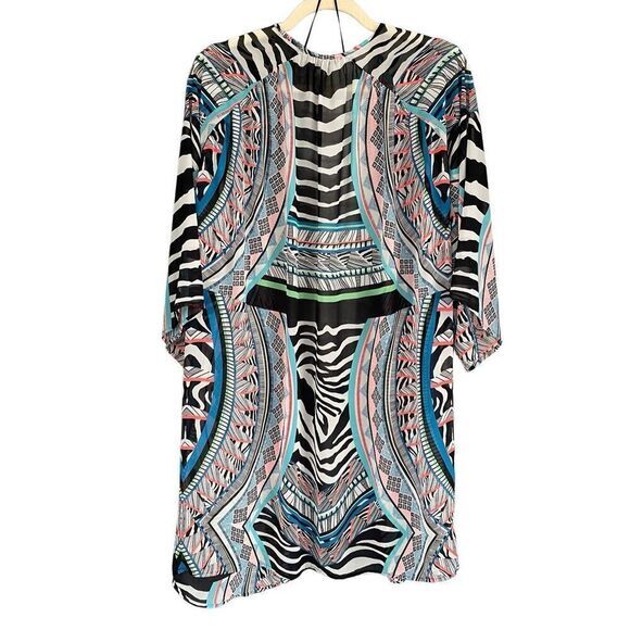 B6 Express Women's Boho Geometric Kimono Cover Up Swim Black Pink Size Medium - Picture 2 of 6